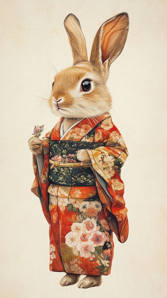 Rabbit costumes wearing kimono animal dress illustration.