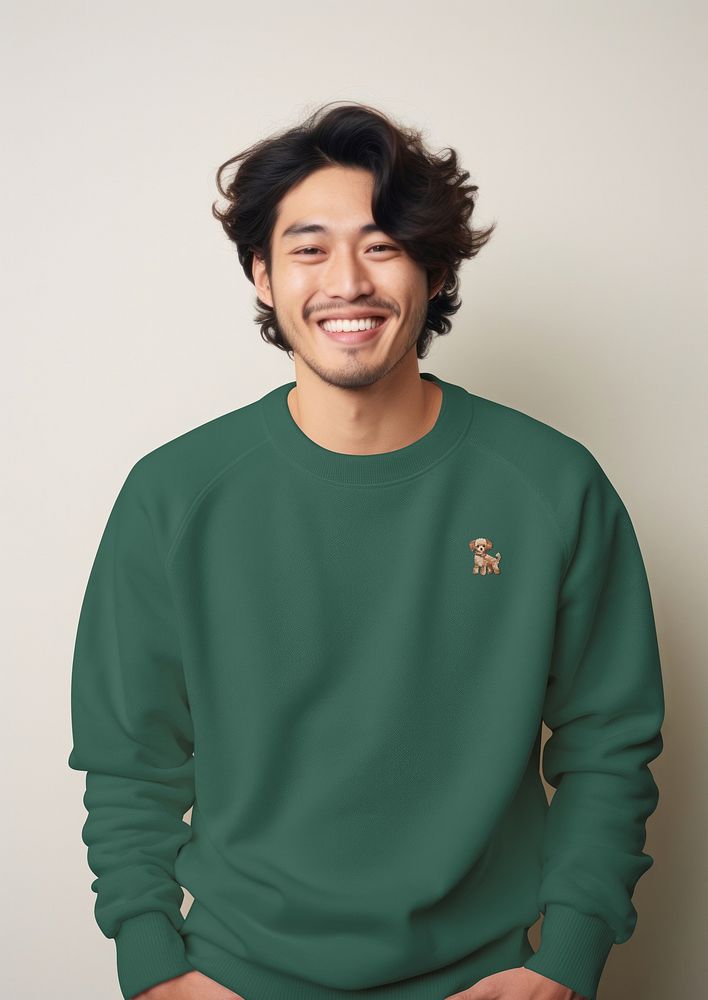 Green sweatshirt mockup with smiling model