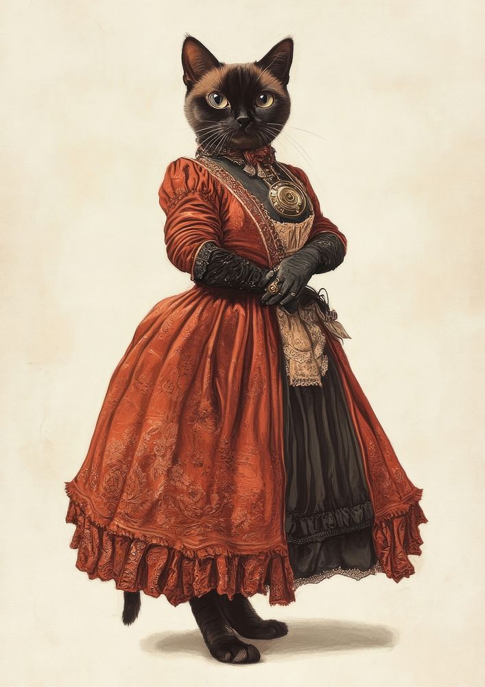 Burmese cat costumes wearing Victorian Steampunk Gown animal dress illustration.