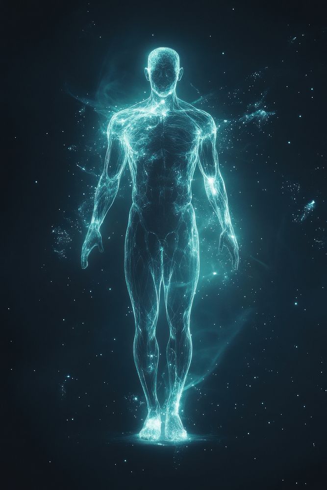 Holographic human futuristic glowing figure.