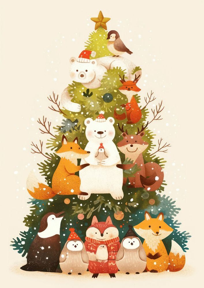 Cute forest animals christmas illustration background.