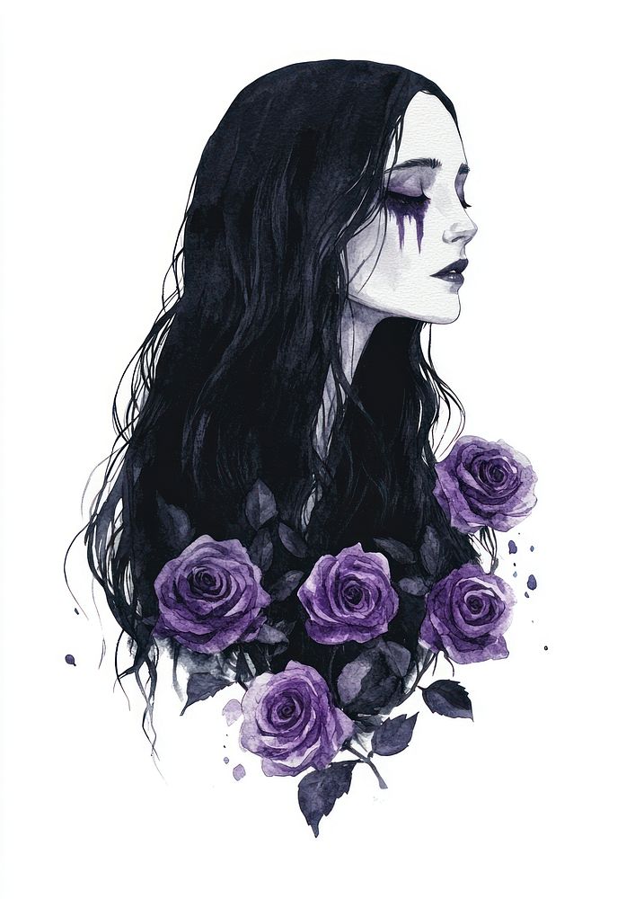 Witch with purple roses art illustration watercolor.