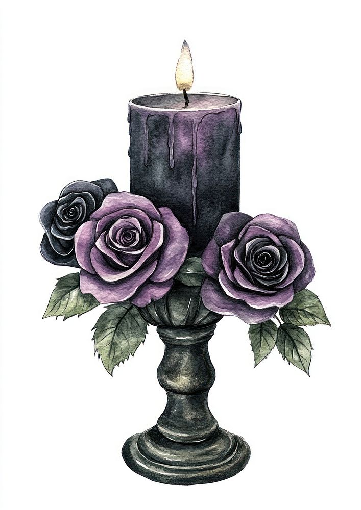 Candle holder with purple and black roses illustration flowers gothic.