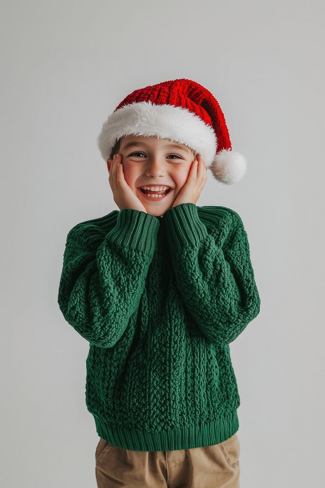 Boy in a green sweater and Christmas hat winks photography christmas smiling.