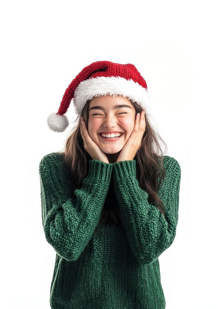 Happy woman in a green sweater and Christmas hat winks christmas clothing holiday.