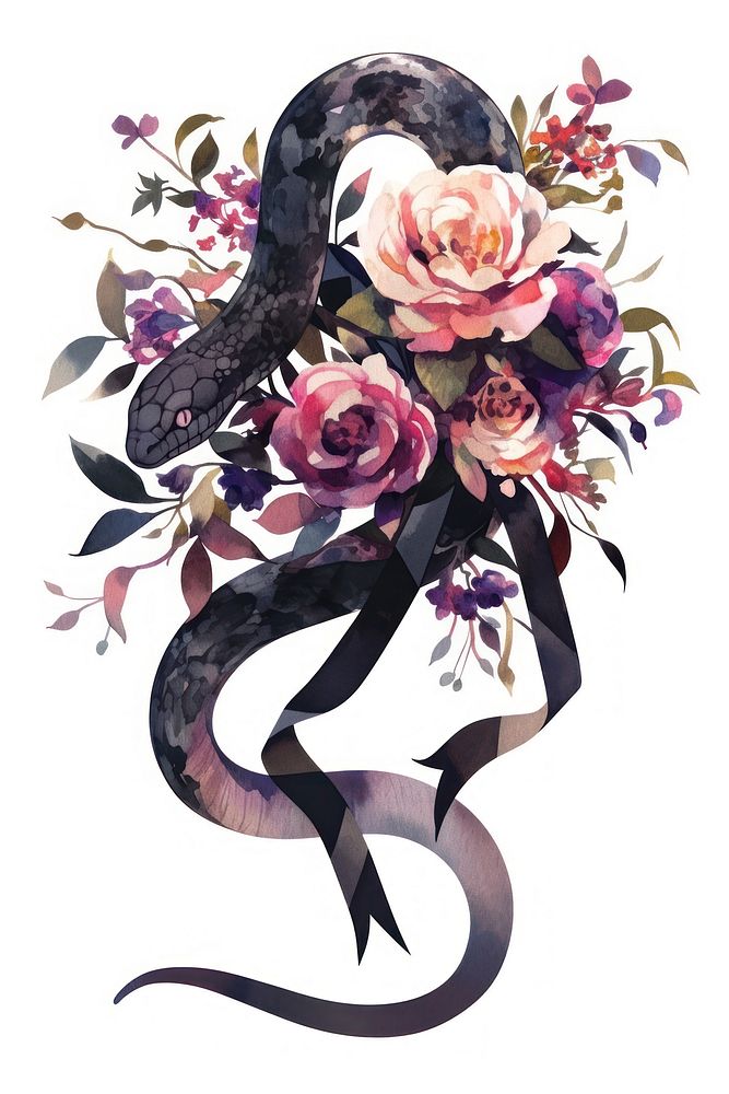 Black coquette snake art illustration flowers.