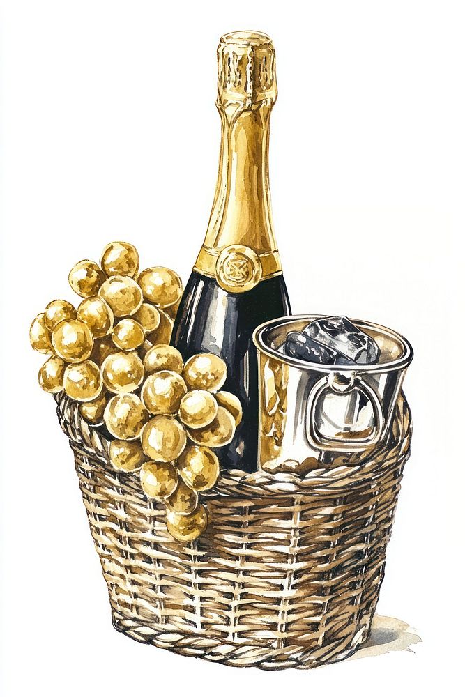 A bottle of champagne basket illustration festive.