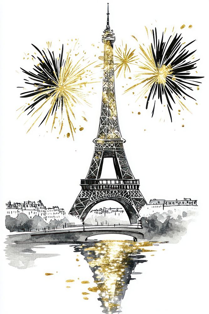 Paris with fireworks tower illustration reflection.