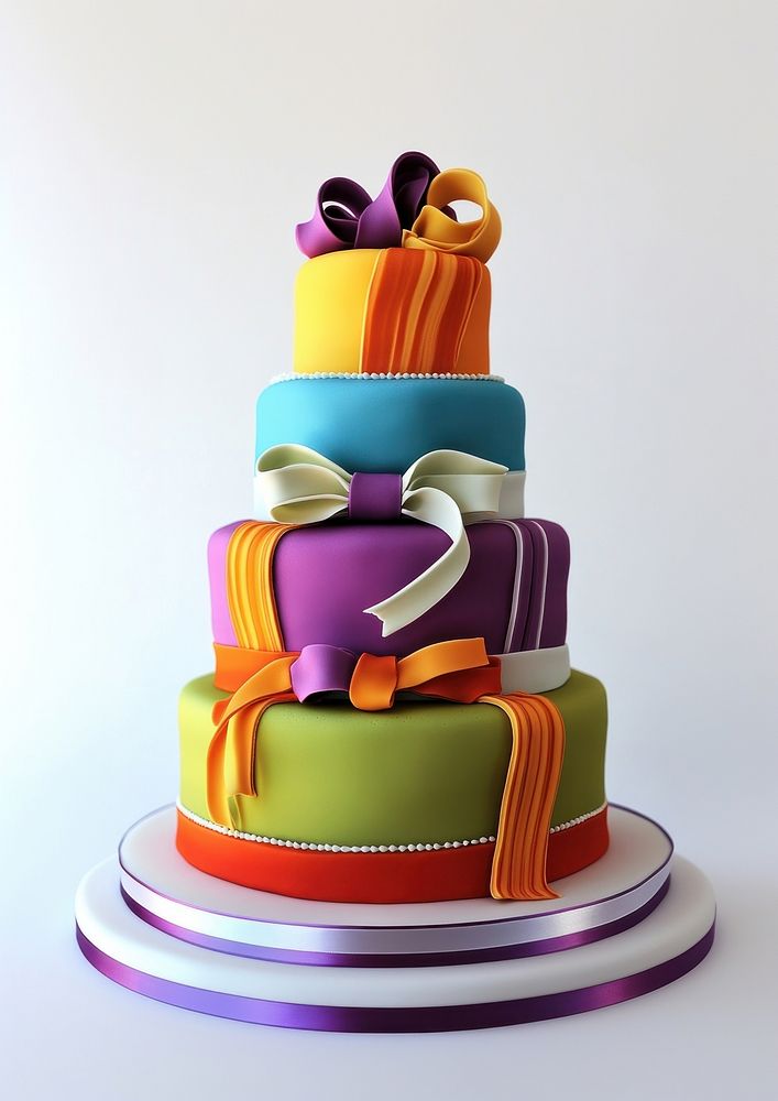 Three-tier fondant birthday cake ribbon celebration decorative.