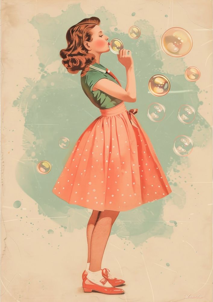 Vintage illustration of girl Blowing bubbles blowing 1950s style.