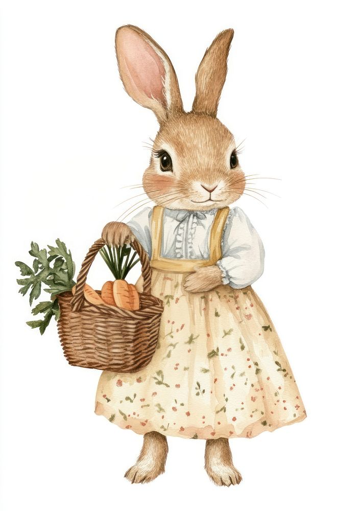 A rabbit carry a carrot basket wearing cute dress illustration watercolor clothing.