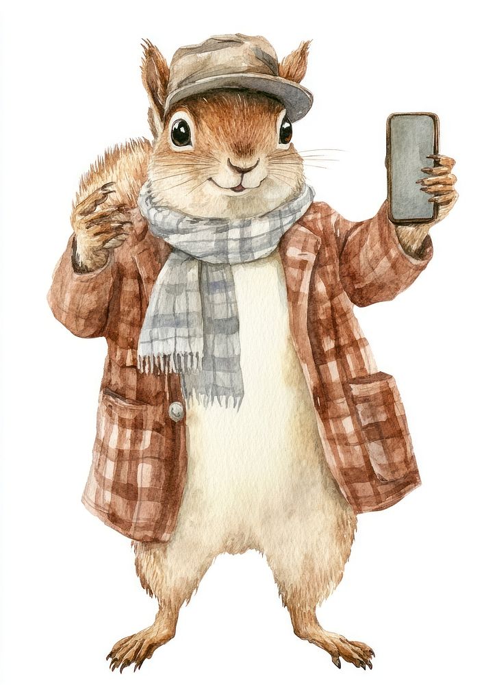 A squirrel taking a selfie illustration watercolor character.