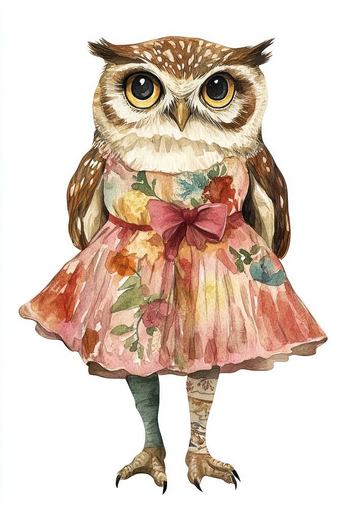 An owl wearing ballet dress art illustration watercolor.