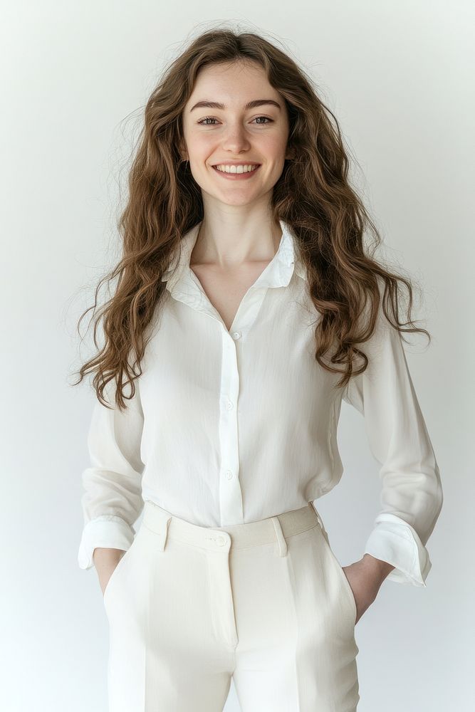 Full-body portrait of a woman professional smiling blouse.