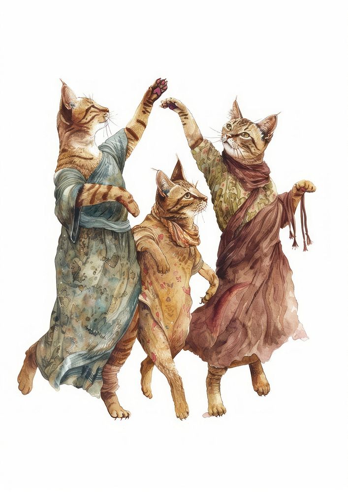 Three Cat dancing watercolor cats art illustration.