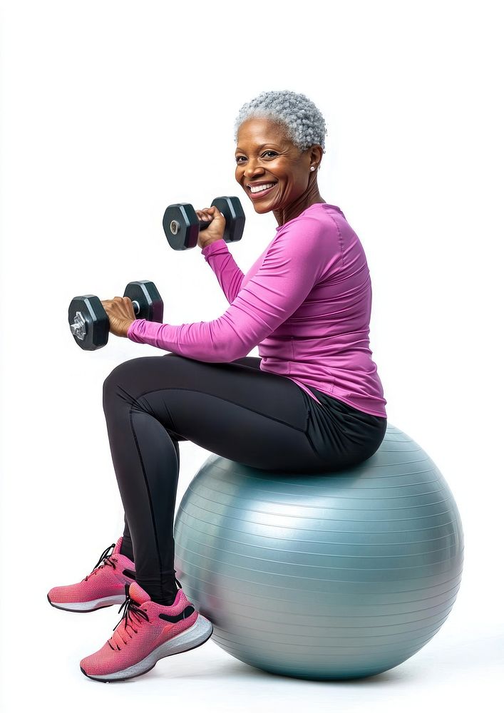 Sportswoman with small dumbbells fitness exercise sitting.