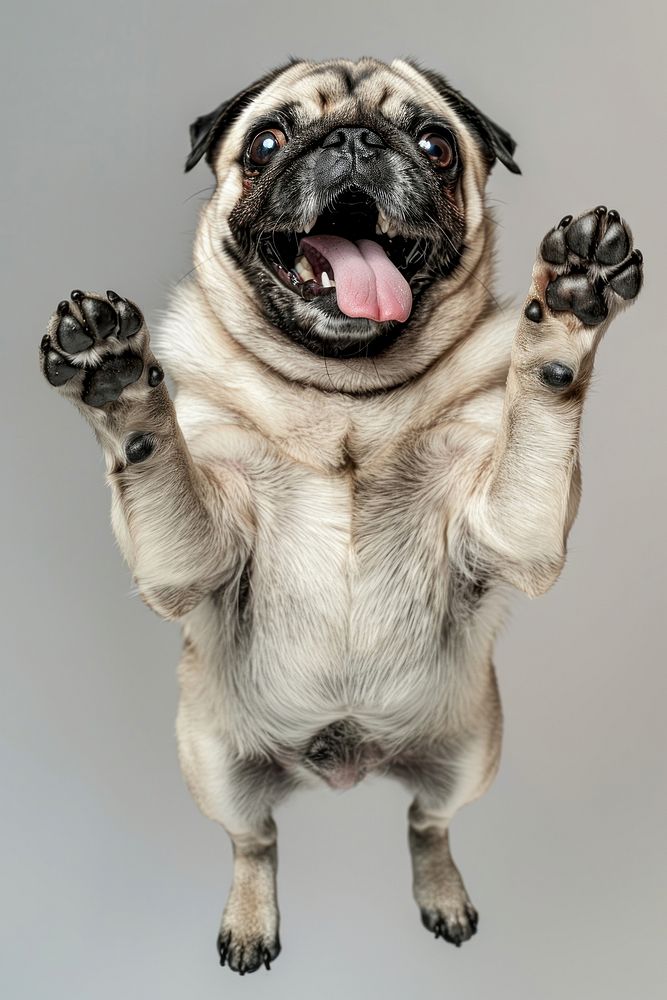 A Pug dog is jumping up pug photography animal.