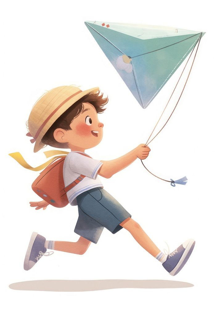 A cute boy Running with a kite illustration child white.