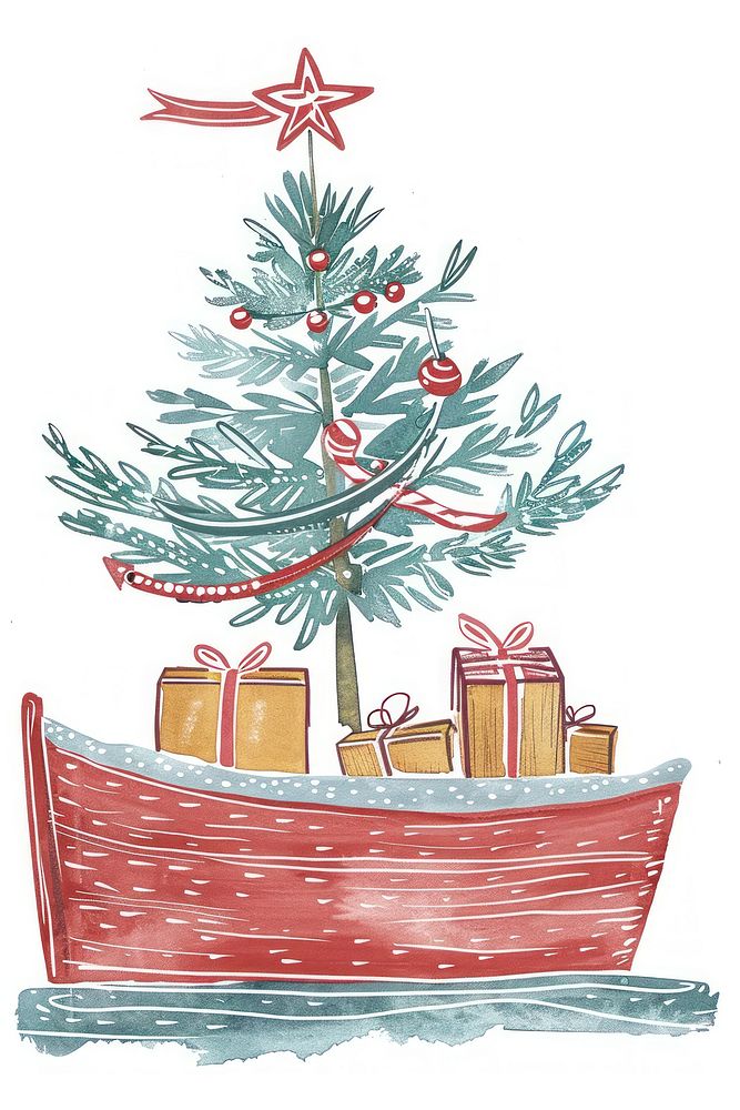 Boat with a gift boxes christmas tree illustration.