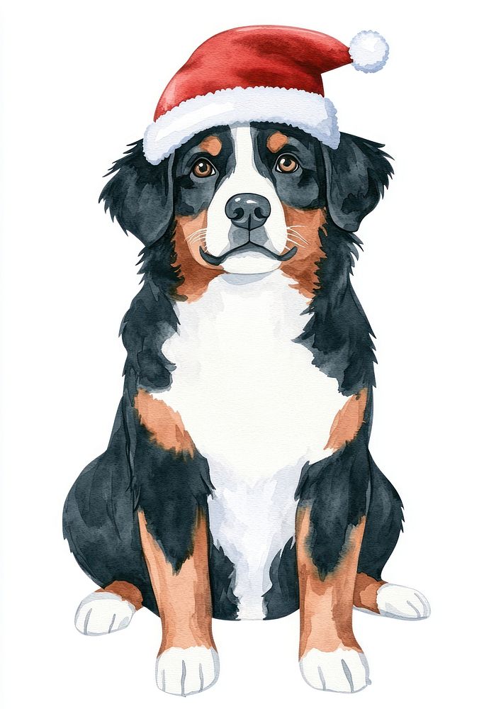 Bernese mountain dog wearing christmas hat illustration watercolor cute.