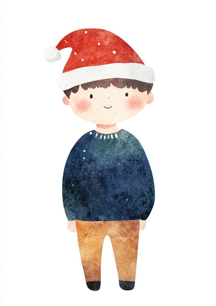 Boy wearing christmas hat illustration watercolor style.