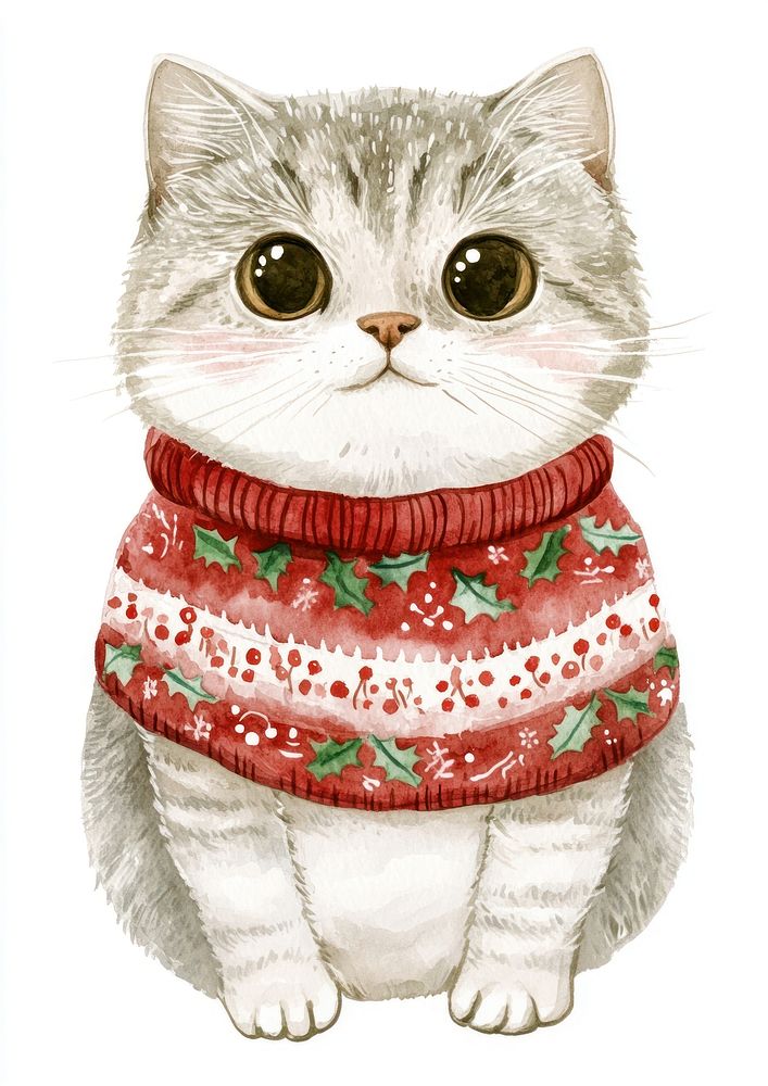 Scottish Fold cat wearing Christmas sweater illustration christmas art.