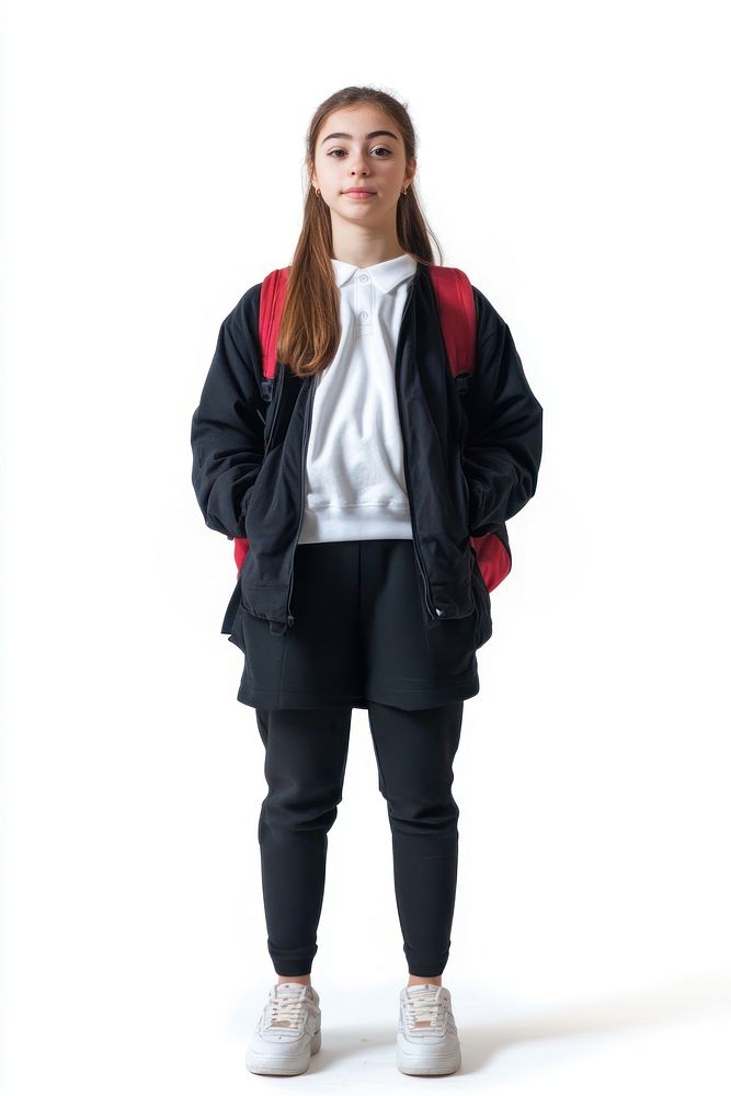 A private school student in waling front view background clothing standing.