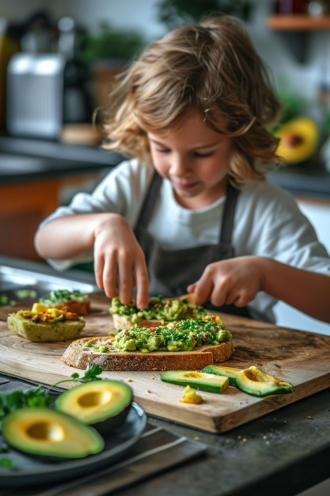 Avocado toasts kitchen child food. AI generated Image by rawpixel.