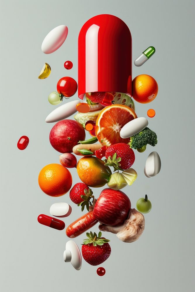 Red and white capsule with fruits and vegetables falling out from top to bottom pill food antioxidant.