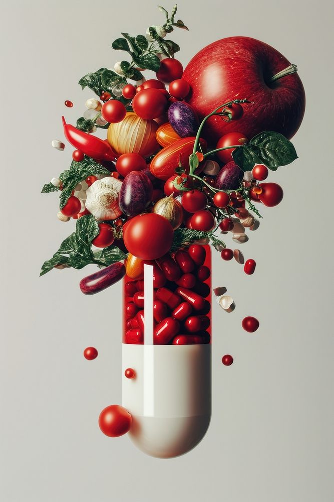 Red and white capsule with fruits and vegetables falling out from top to bottom apple plant food.