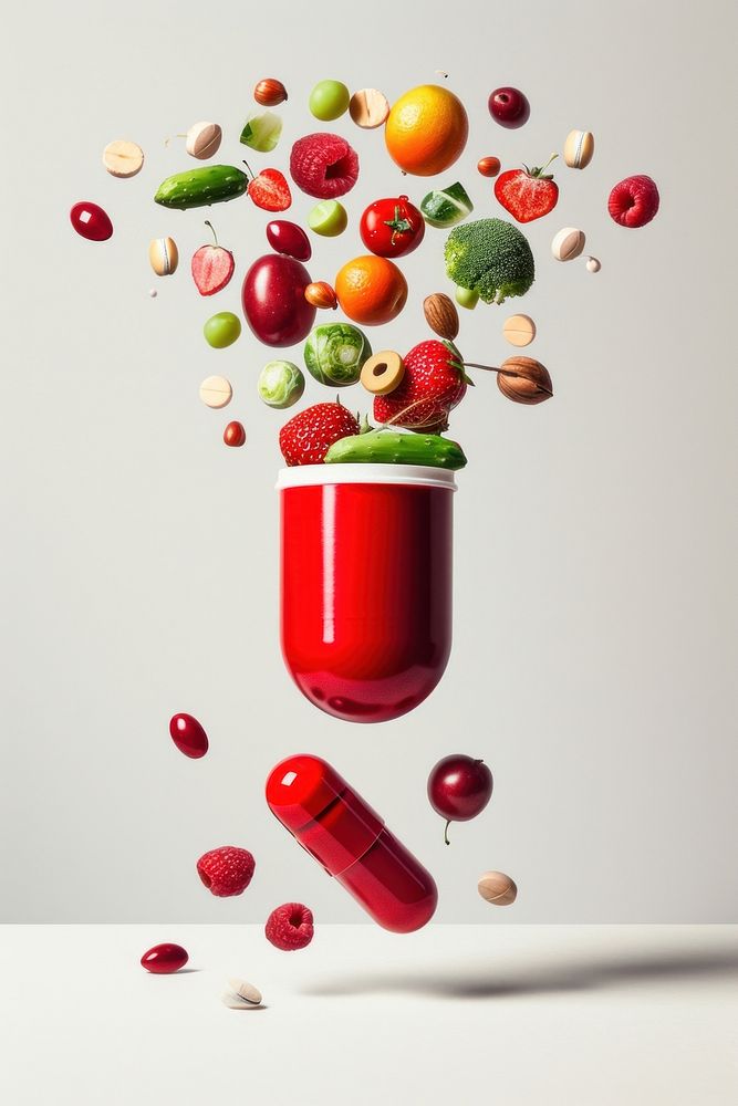 Red and white capsule with fruits and vegetables falling out from top to bottom plant food antioxidant.