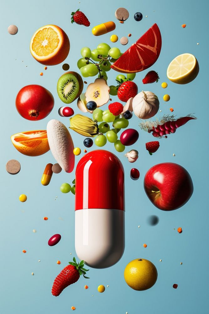 Red and white capsule with fruits and vegetables falling out from top to bottom plant pill food.