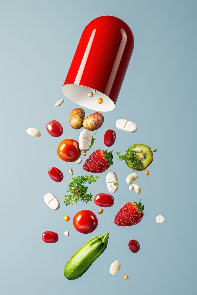Red and white capsule with fruits and vegetables falling out from top to bottom food pill blue background.