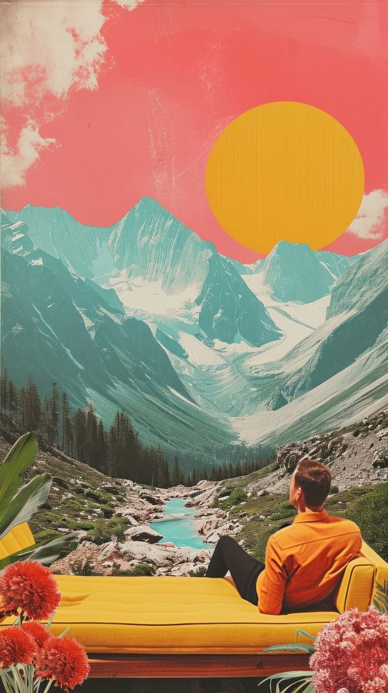 Collage Retro dreamy alpine backdrop mountain outdoors nature.