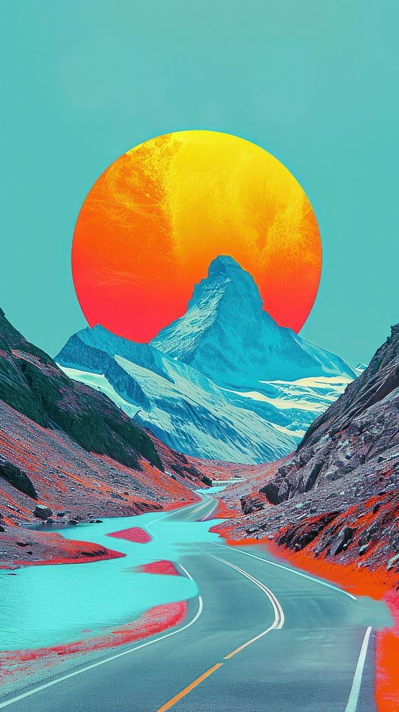 Collage Retro dreamy alpine backdrop landscape astronomy mountain.
