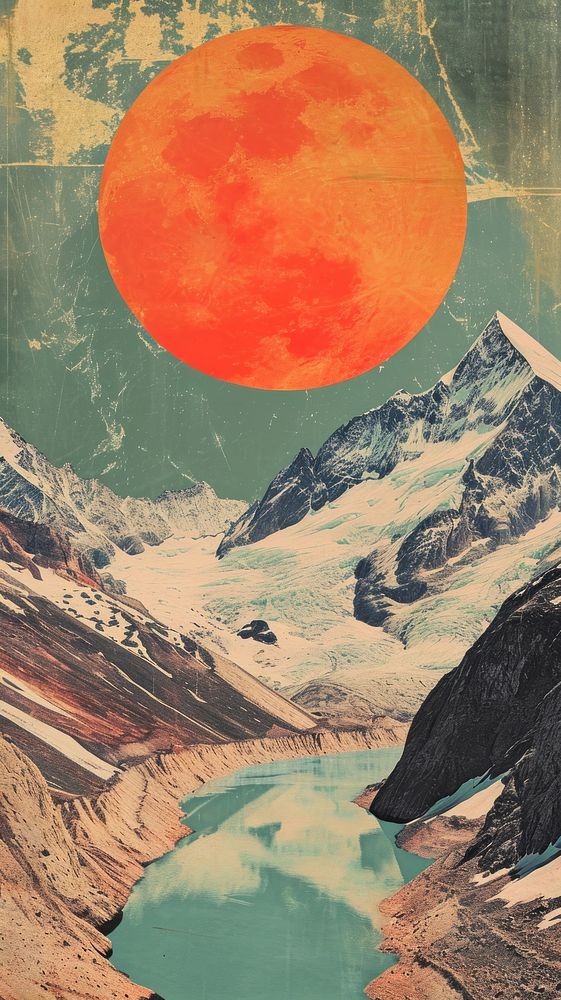 Collage Retro dreamy alpine backdrop astronomy mountain outdoors.