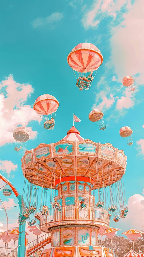 Collage Retro dreamy amusement park fun architecture carousel.