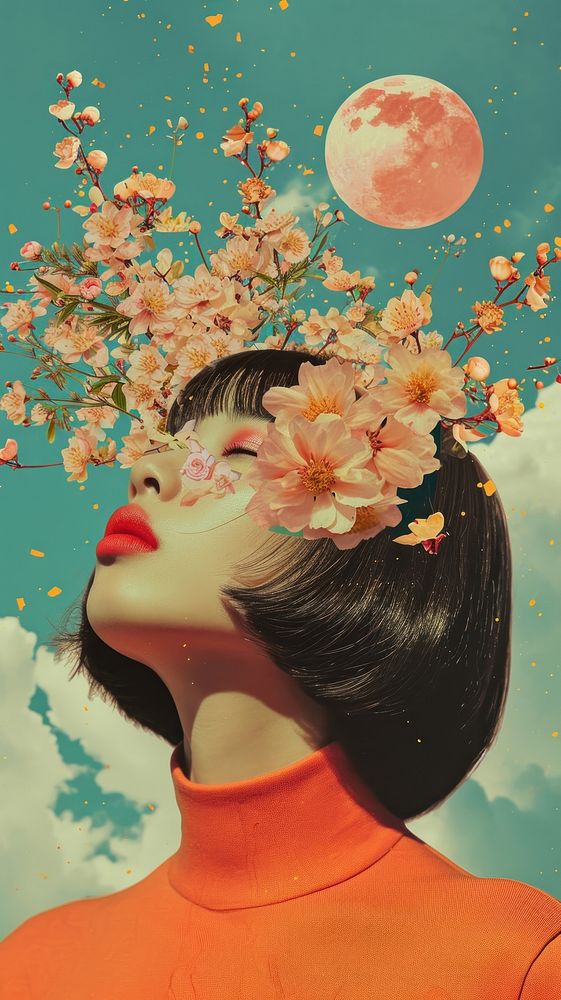 Collage Retro dreamy asian astronomy lipstick portrait.