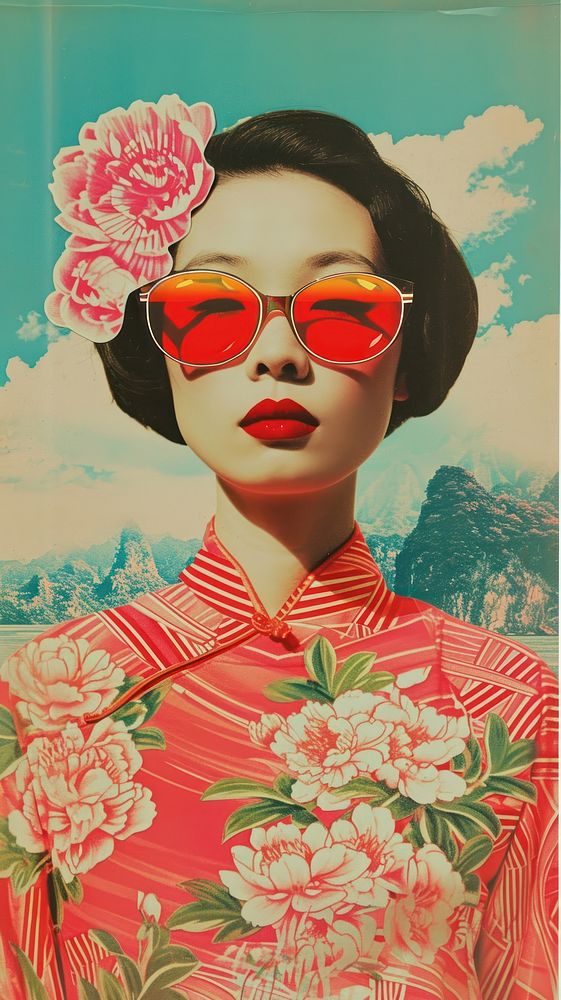Collage Retro dreamy asian art sunglasses portrait.