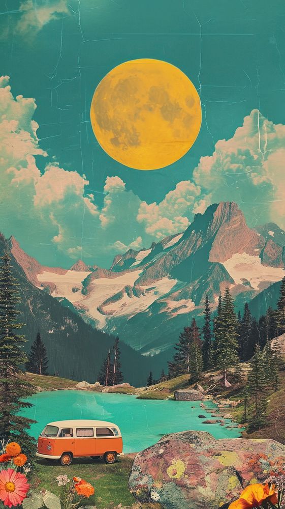 Collage Retro dreamy camping landscape astronomy outdoors.