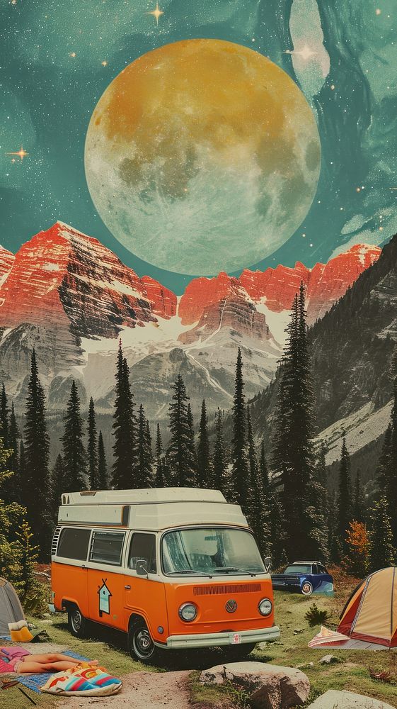 Collage Retro dreamy camping astronomy outdoors vehicle.