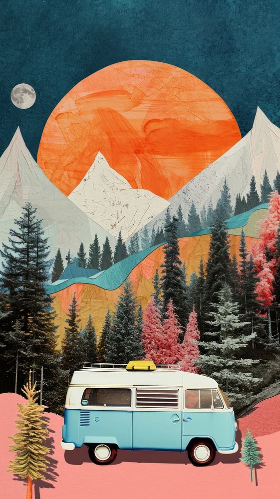 Collage Retro dreamy camping outdoors vehicle plant.