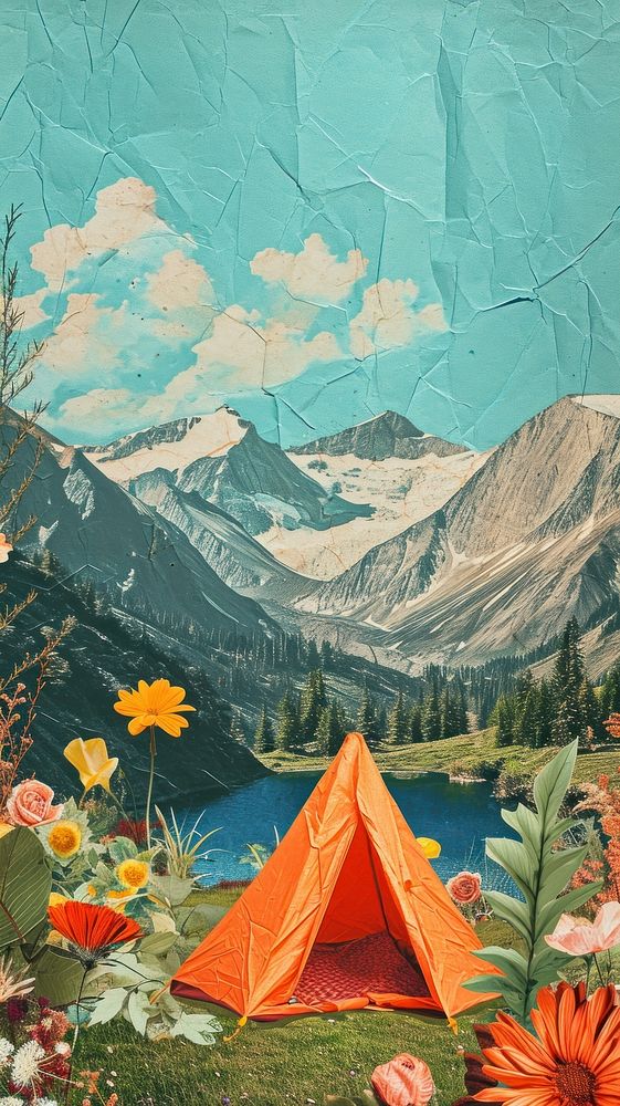 Collage Retro dreamy camping outdoors nature tent.
