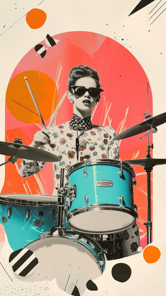 Collage Retro dreamy drummer percussion musician glasses.