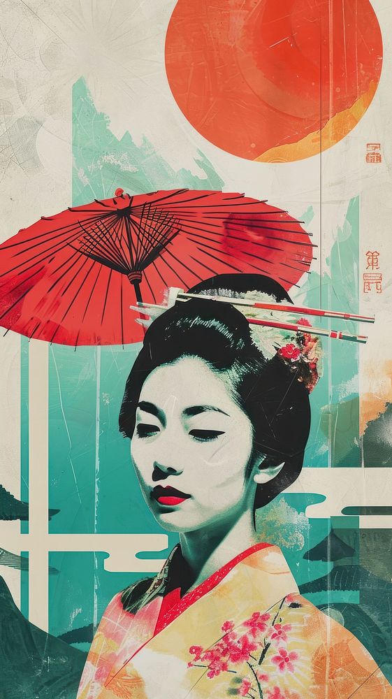 Collage Retro dreamy east asian art painting portrait.