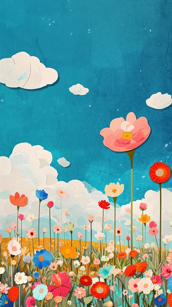 Collage Retro dreamy flower field art painting outdoors.