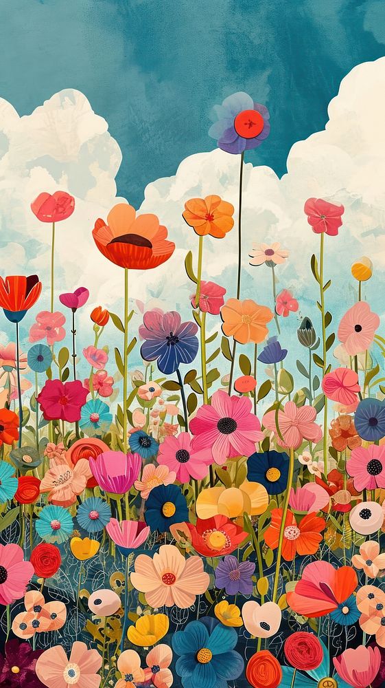 Collage Retro dreamy flower field art outdoors painting.