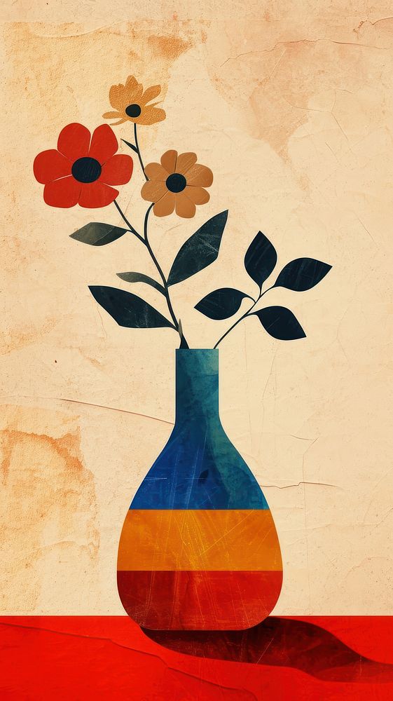 Collage Retro dreamy flower vase art painting pattern.