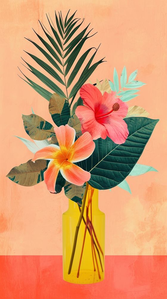 Collage Retro dreamy flower vase art painting plant.
