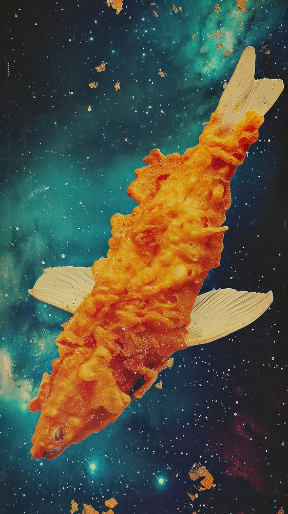 Collage Retro dreamy fried fish astronomy galaxy space.